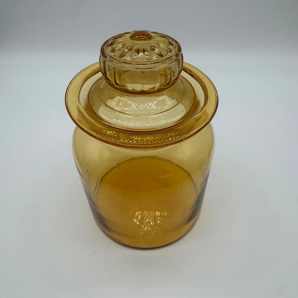 Vintage Takahashi Amber Glass Apothecary Jar Daisy Lid Hand Blown 7x4.5